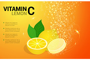 Vitamin C Lemon soluble pills with Lemon flavour in water with sparkling fizzy bubbles trail. Ascorbic acid. Vitamineral complex package design with citrus yellow background. Treatment cold flu.