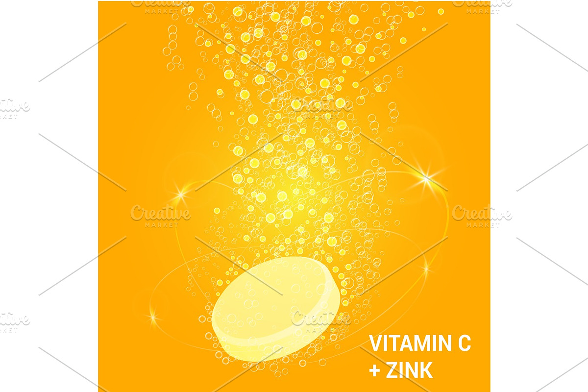 Vitamin C soluble pills with Lemon flavour in water with sparkling fizzy bubbles trail. Ascorbic acid. Vitamineral complex package design with citrus yellow background. Treatment cold flu. in Textures - product preview 8