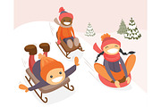Group of multicultural kids enjoying a sleigh ride