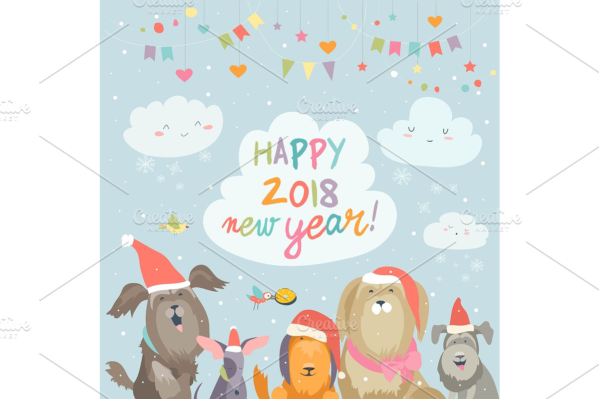 Happy 2018 New Year card. Funny dogs congratulates on holiday in Objects - product preview 8