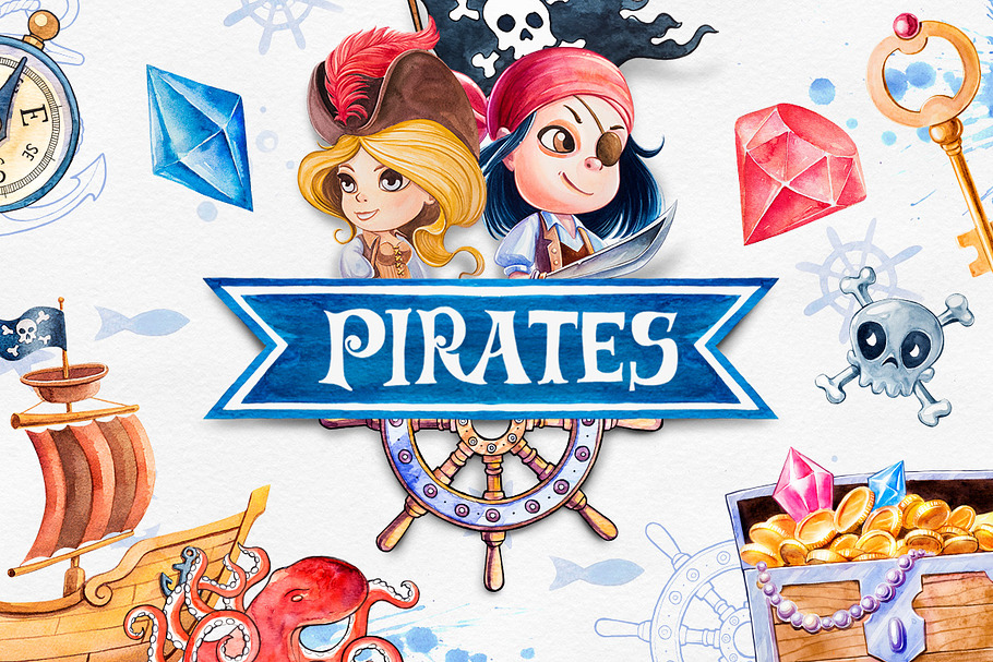 Pirates. Watercolor illustrations. in Illustrations - product preview 8
