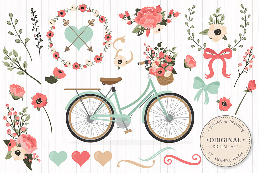 Mint & Coral Floral Bicycle + Extras in Illustrations - product preview 8