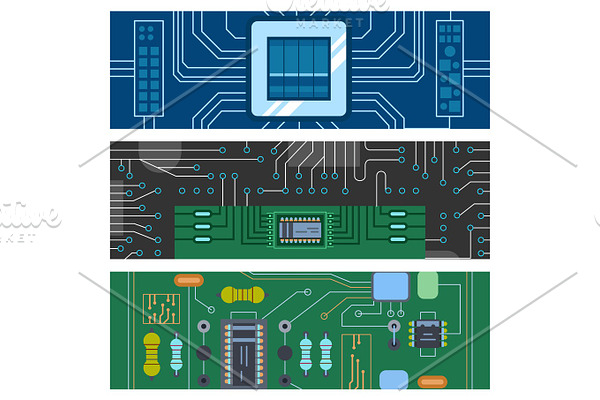 Computer IC chip template microchip brochure circuit board design abstract background vector illustration.