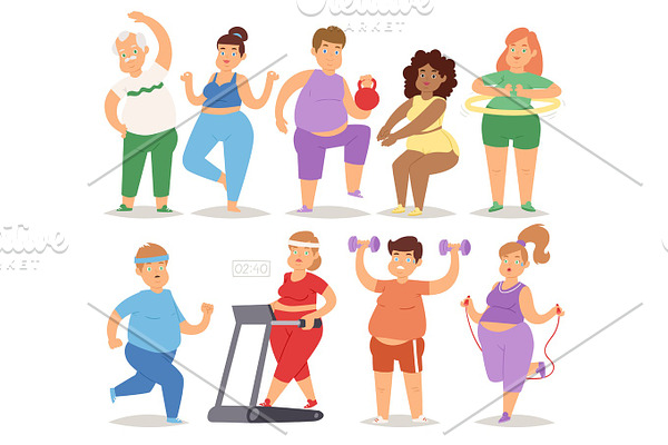 Fat people doing exercise training gym gymnasium sport fatty food rich character workout vector illustration.