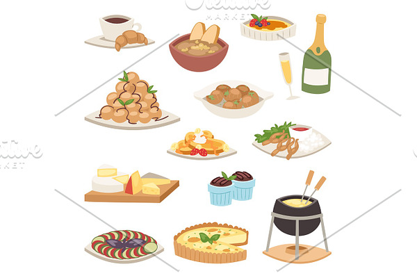 French cuisine traditional food delicious meal healthy dinner lunch continental Frenchman gourmet plate dish vector illustration.