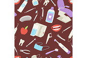 Medical dental tools seamless pattern tooth apple medicine dentist health hygiene background vector illustration.