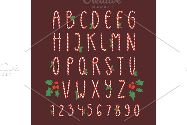 Christmas font candy cane vector type alphabet New Year card print design font characters and numbers for invinattion design Xmas design