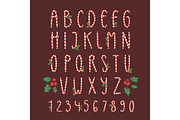 Christmas font candy cane vector type alphabet New Year card print design font characters and numbers for invinattion design Xmas design