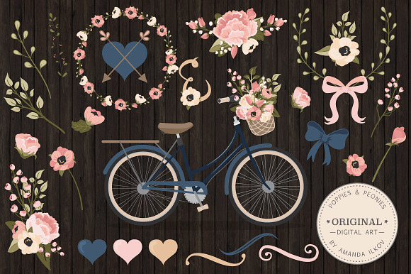 Navy & Blush Floral Bicycle & Extras in Illustrations - product preview 1