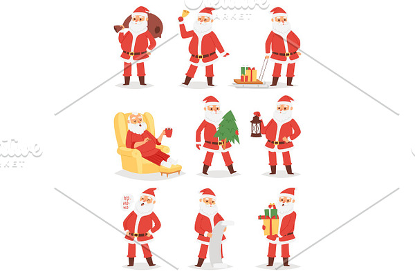 Christmas Santa Claus vector character poses illustration Xmas man in red traditional costume and Santa hat