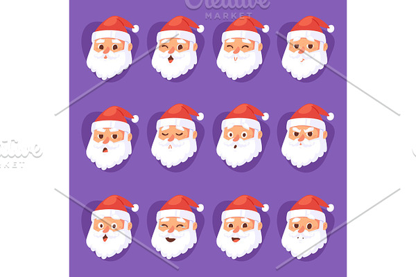 Christmas Santa Claus emotion faces vector expression character poses illustration emojji Xmas man in red traditional costume and Santa hat