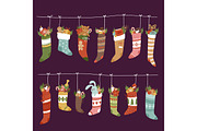 Christmas socks vector Santa Xmas New Year gift traditional Christians symbol sey illustration different textile design food clothes