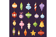 Christmas tree toys vector decorations balls, circle, stars, bells for decorate New Year Xmas tree brances illustration