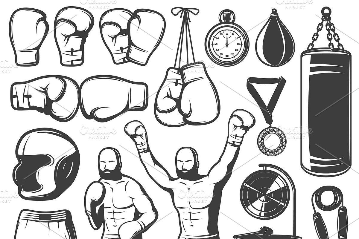 Boxing Black White Elements Set in Black And White Icons - product preview 8