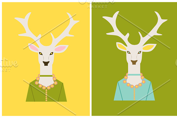 Deer heads, flat background 