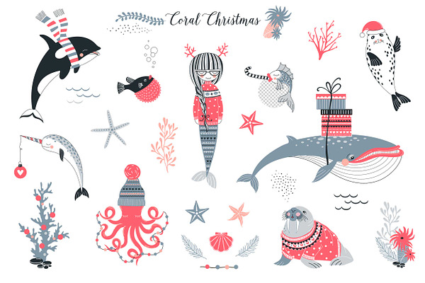 Coral Christmas clip art collection