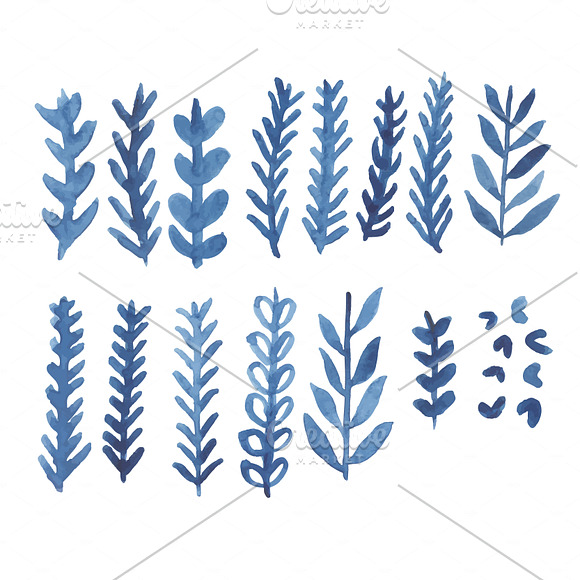 Blue leaves watercolor vectors in Illustrations - product preview 1