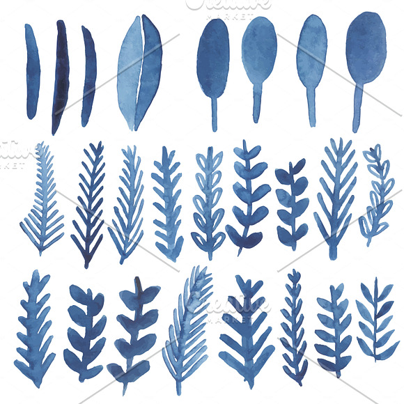 Blue leaves watercolor vectors in Illustrations - product preview 3