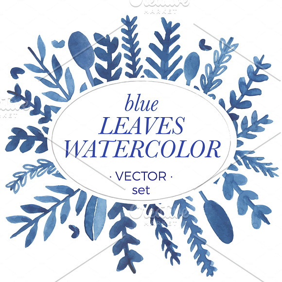 Blue leaves watercolor vectors in Illustrations - product preview 4