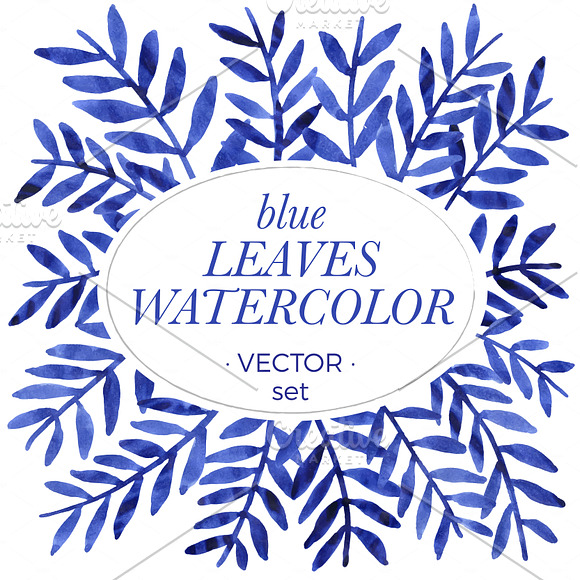 Blue leaves watercolor vectors in Illustrations - product preview 5
