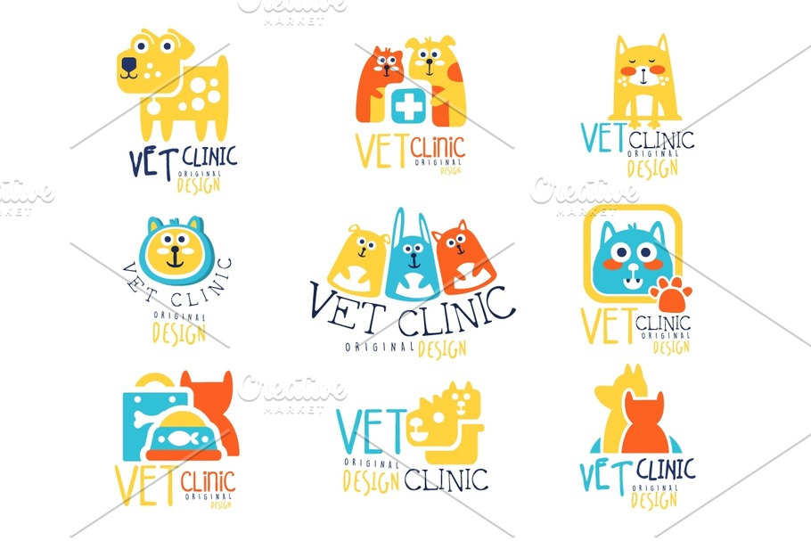 Vet clinic original label design, colorful hand drawn vector Illustrations