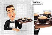 3D Waiter Four Cups of Coffee