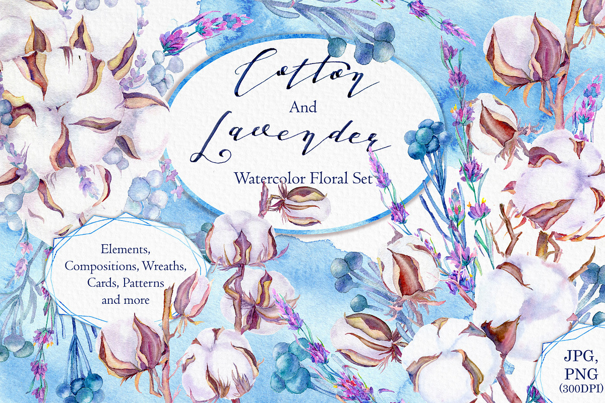 Lavender and cotton watercolor set in Illustrations - product preview 8