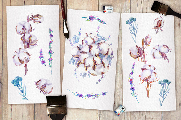 Lavender and cotton watercolor set in Illustrations - product preview 1