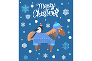 Merry Christmas Horse and Bird Vector Illustration