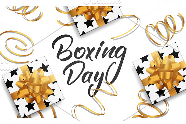 Boxing Day. Banner with Boxing Day lettering text, glossy gift packages and realistic gold confetti.