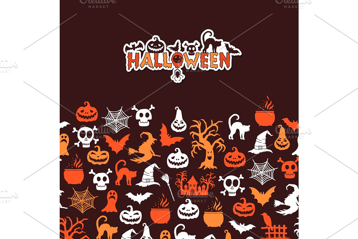 Vector halloween background with witches, pumpkins, ghosts, spiders silhouettes in Graphics - product preview 8