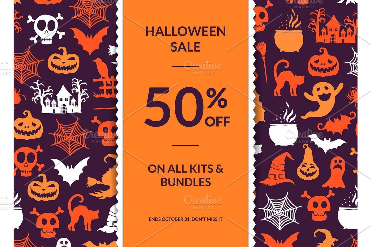 Vector halloween background with vertical decorative ribbon, witches, pumpkins, ghosts, spiders silhouettes in Graphics - product preview 8