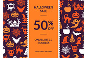 Vector halloween background with vertical decorative ribbon, witches, pumpkins, ghosts, spiders silhouettes
