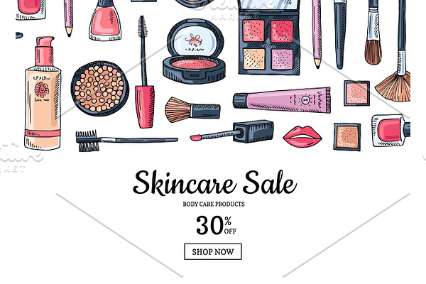 Vector hand drawn makeup products sale background