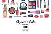 Vector hand drawn makeup products sale background