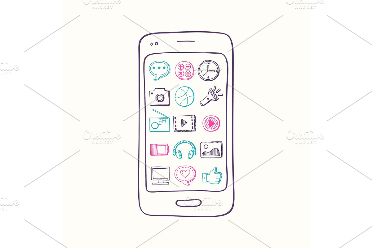 Vector hand drawn smartphone with app icon elements on screen in Graphics - product preview 8