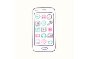 Vector hand drawn smartphone with app icon elements on screen