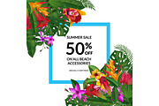 Vector sale frame with place for text with tropical palm leaves and exotic flower elements