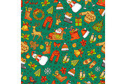 Vector hand drawn colored christmas elements with santa, xmas tree, gifts and bells pattern