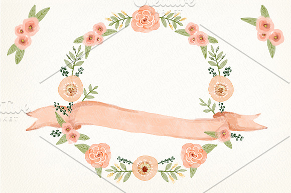 Watercolor coral olive floral wreath in Illustrations - product preview 1
