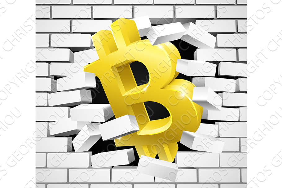 Bitcoin Sign Icon Breaking White Brick Wall in Illustrations - product preview 8