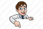 Pointing Cartoon Scientist Character Sign