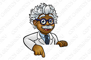 Scientist Cartoon Character Pointing Down