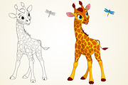 Funny little giraffe and dragonfly