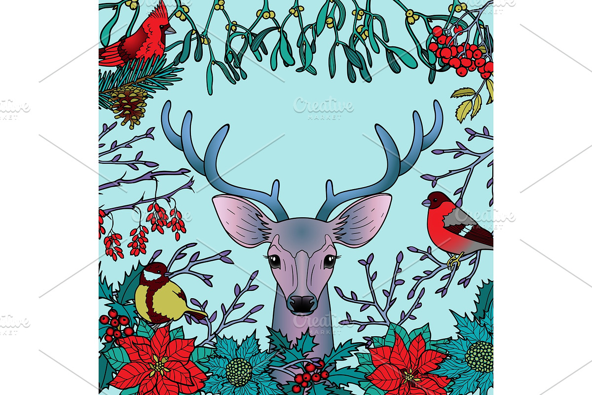 Winter Colorful Pattern with Deer and Birds in Illustrations - product preview 8