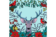 Winter Colorful Pattern with Deer and Birds