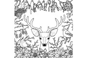 Winter Outline Pattern with Deer and Birds