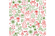 Christmas design element in doodle style pattern. Traditional winter holiday hand drawn icons in red and green colors seamless background.Seasonal vector illustration