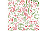 Christmas design element in doodle style pattern. Traditional winter holiday hand drawn icons in red and green colors seamless background.Seasonal vector illustration