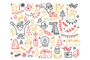 Big set of Christmas design element in doodle style. Winter holiday vector illustration